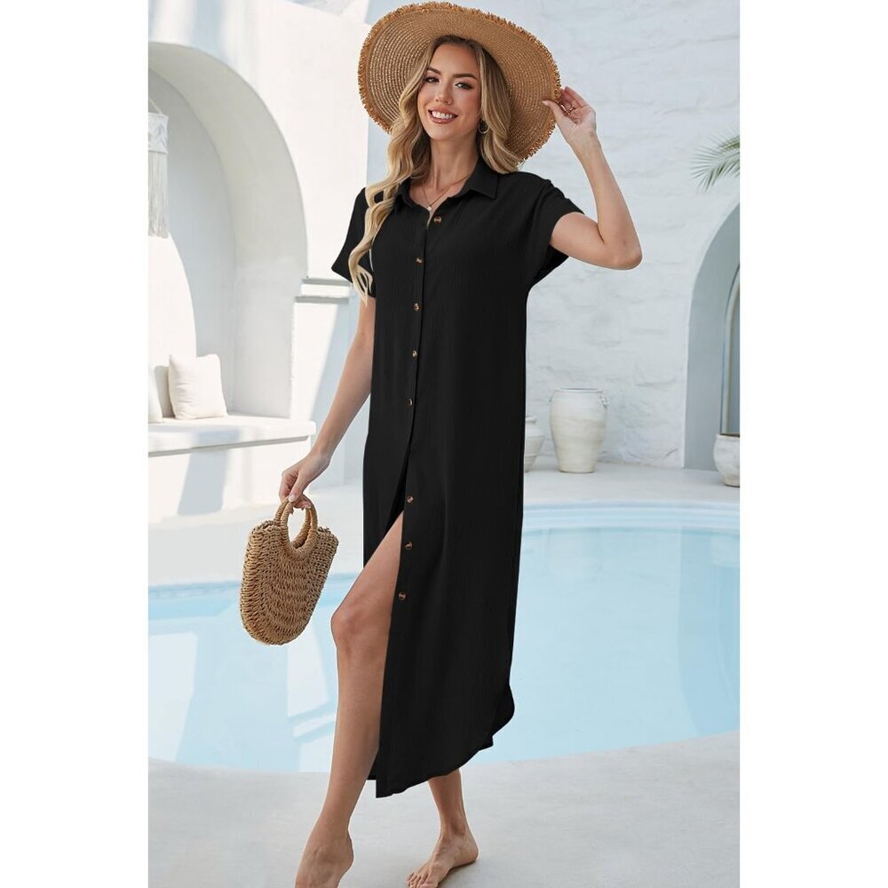 Women Black Long Maxi Button Down Summer Bikini Swimsuit Cover Up Beach Dress - Picture 3 of 5